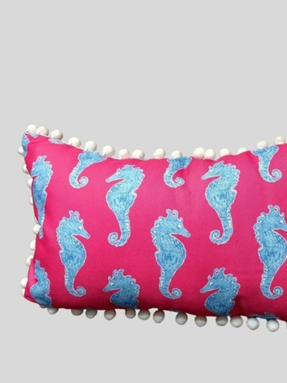 Lilly Pulitzer Pink Pillow with Blue Seahorse Motif and pompon fringe - Picture 2 of 7